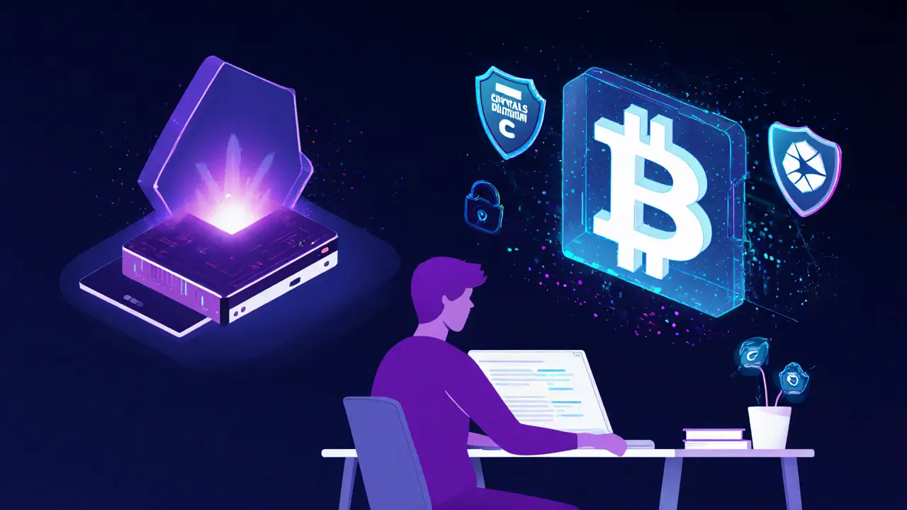 Developer desk with holographic blockchain, quantum computer, and security shields.