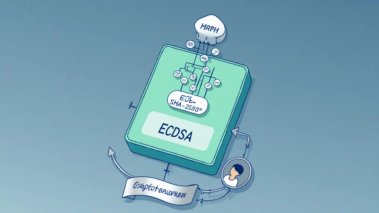 Diagram of a blockchain block showing Merkle tree and ECDSA signature.
