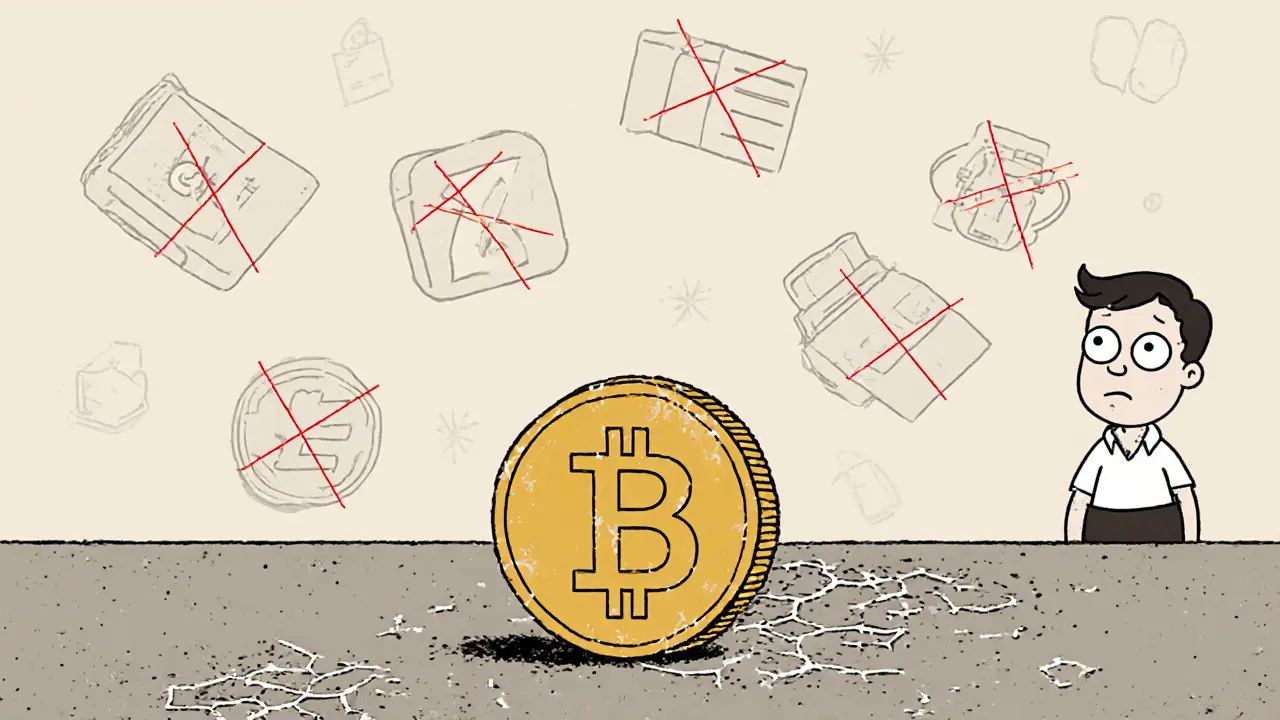 Abandoned QBC coin on a dusty table with crossed‑out wallet and exchange icons.