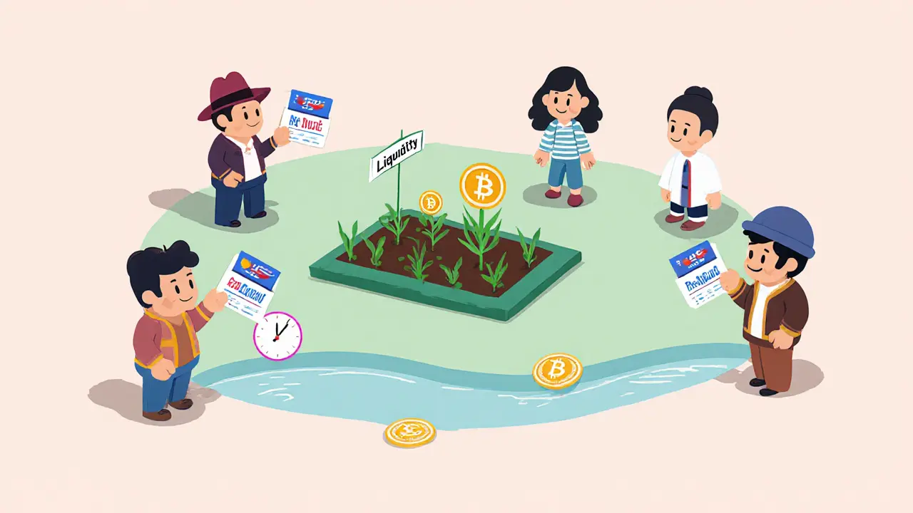 Cartoon community voting, farming garden, and shallow liquidity pool.