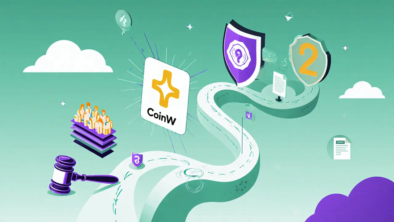 Minimalist cartoon roadmap illustrating CoinW's future milestones and risks.