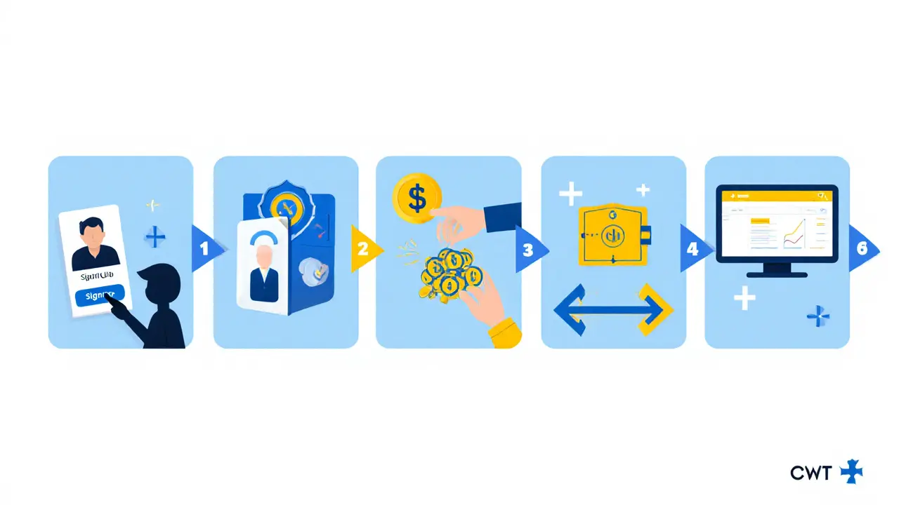 Six‑panel minimalist cartoon showing steps to claim the CWT airdrop.