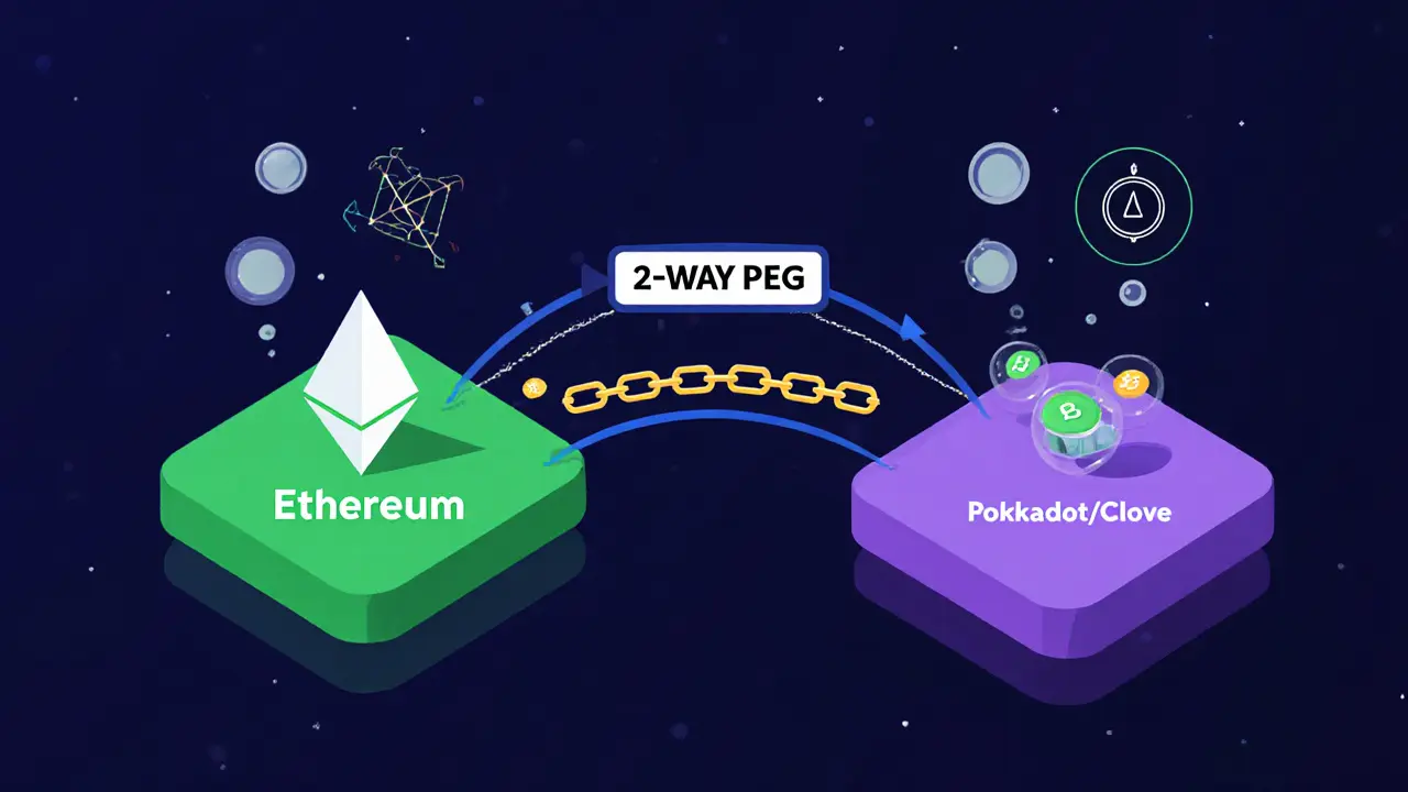 Two blockchain nodes connected by a double‑arrow bridge showing asset flow.