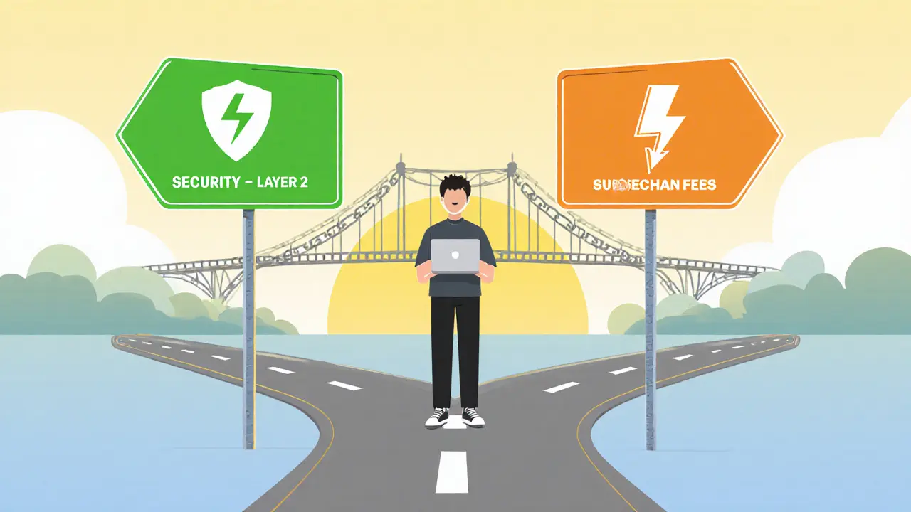 Cartoon developer stands at a forked road choosing between a security shield sign and a low‑fee lightning sign.