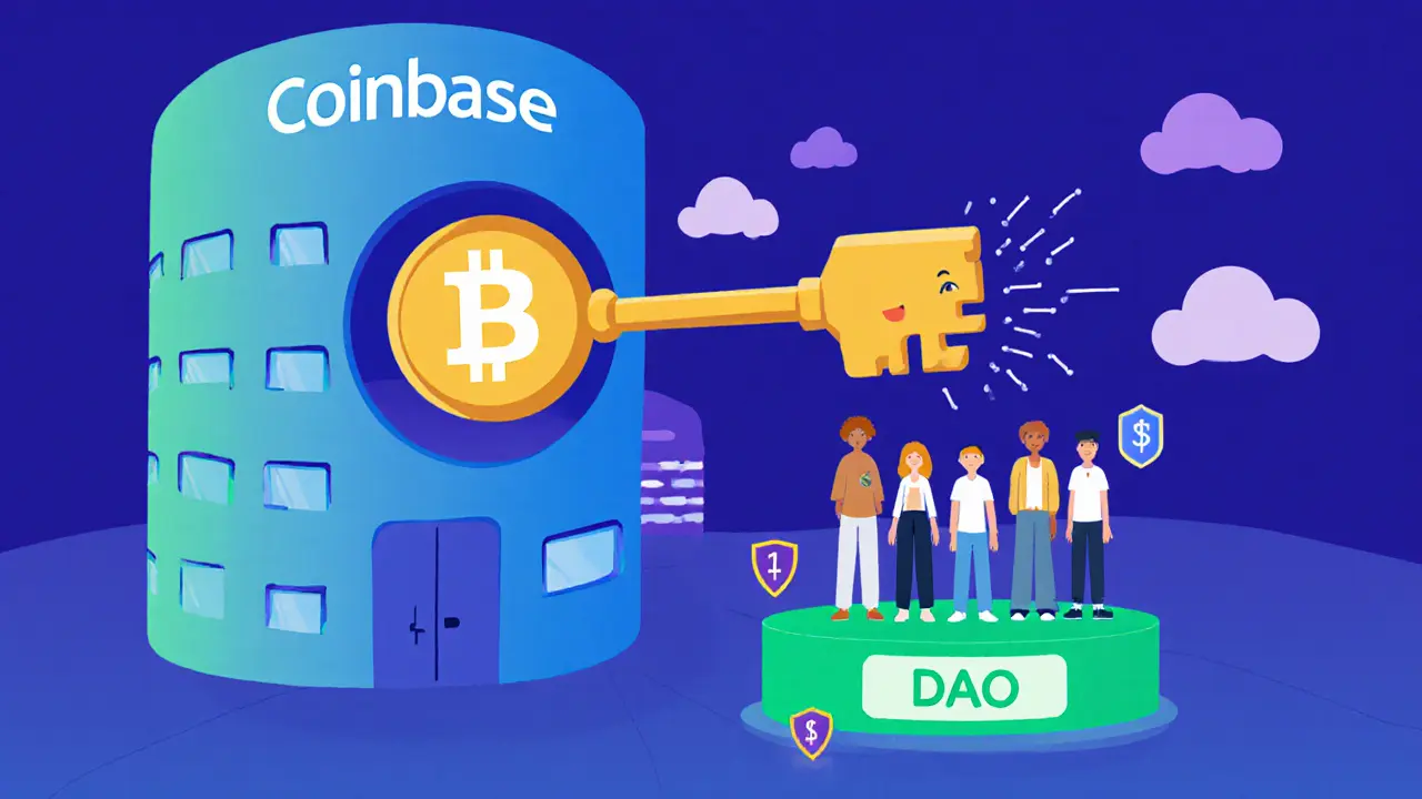 Cartoon showing a baton passing from Coinbase building to a DAO community, with risk clouds.