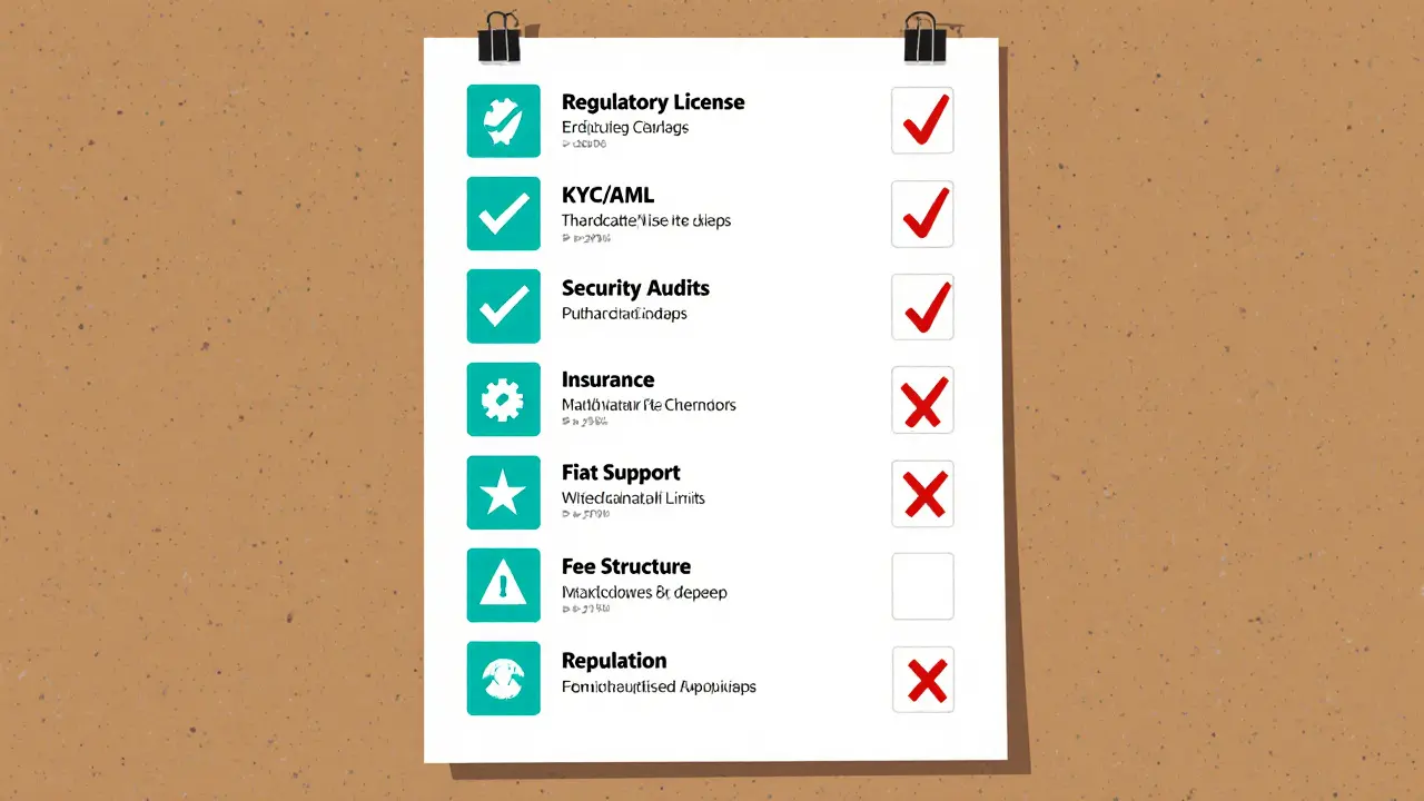 Checklist of exchange evaluation items with some unchecked and red X marks.