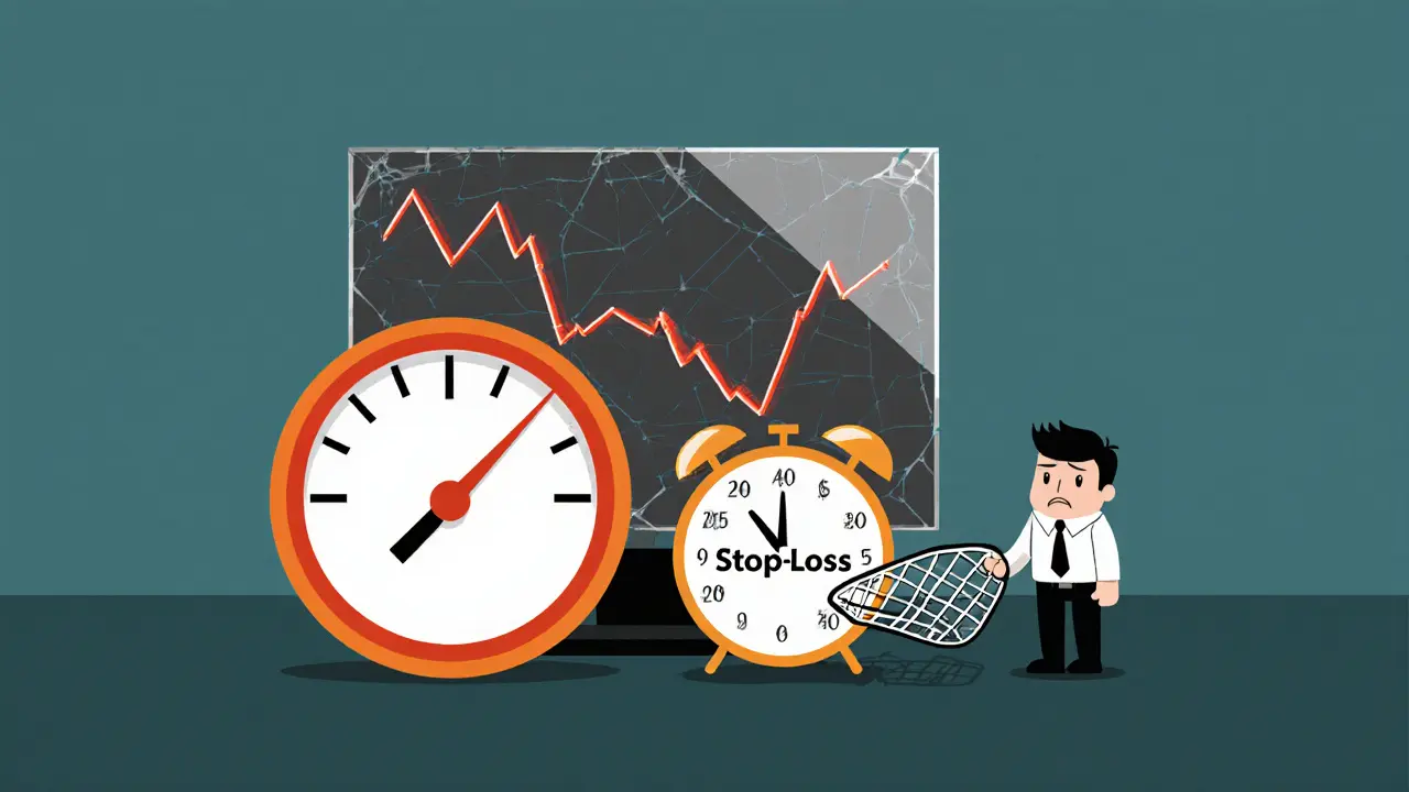 Gauge tipping red, falling chart, and alarm clock show fast liquidation risk.