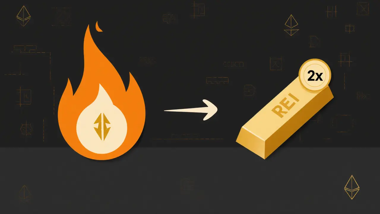 Illustration of REI token burning into a flame and turning into a leveraged gold bar.