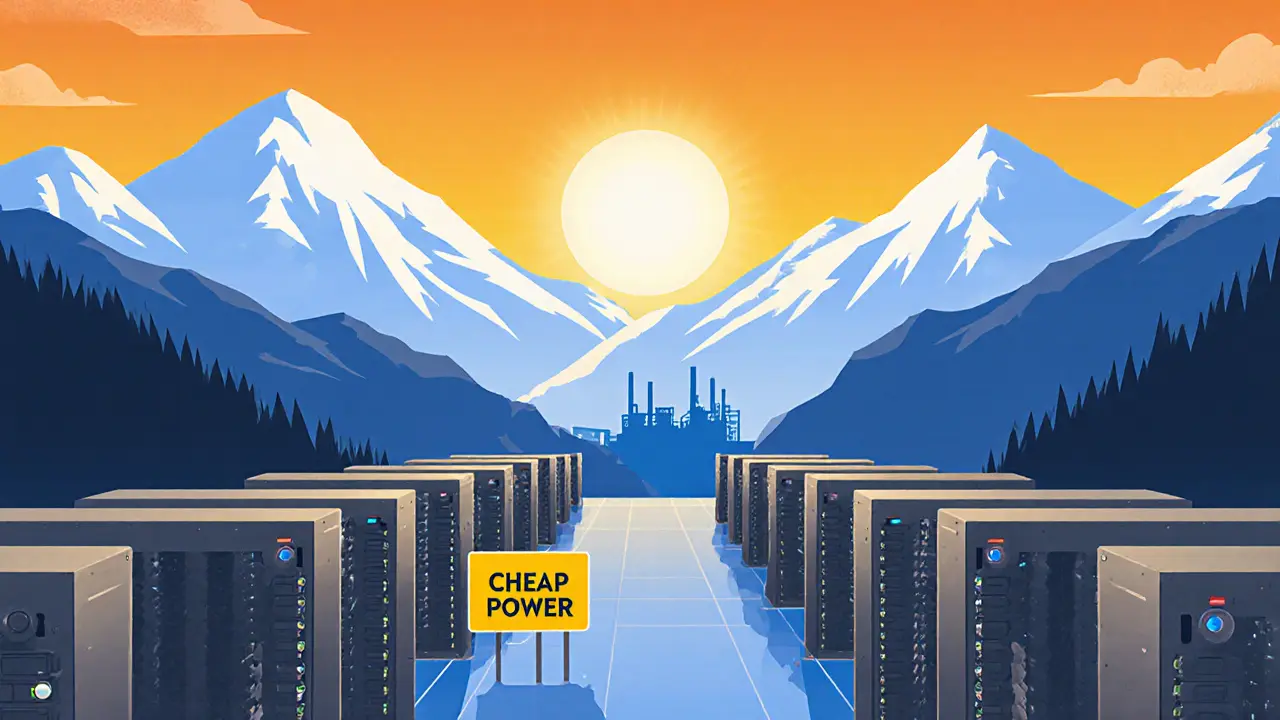 Mountain landscape with rows of GPU rigs and a sign indicating cheap electricity.