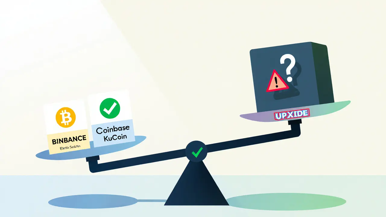 Scale weighing established exchanges against a mysterious UPXIDE box with a warning sign.