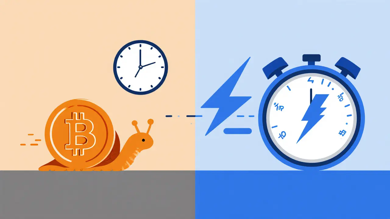 Side‑by‑side cartoon comparing Bitcoin hour‑long delay to Lightning instant payment.