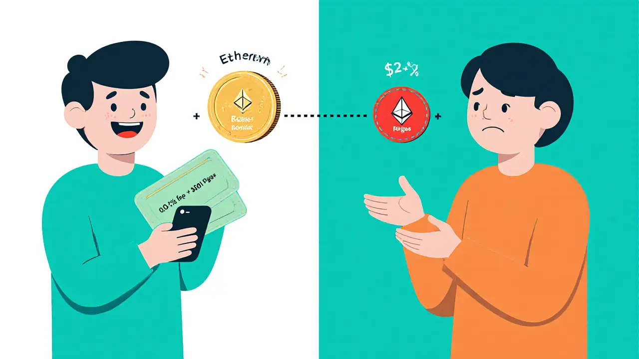 Side‑by‑side cartoon of Uniswap swaps on Base (low fee) vs Ethereum (high fee).
