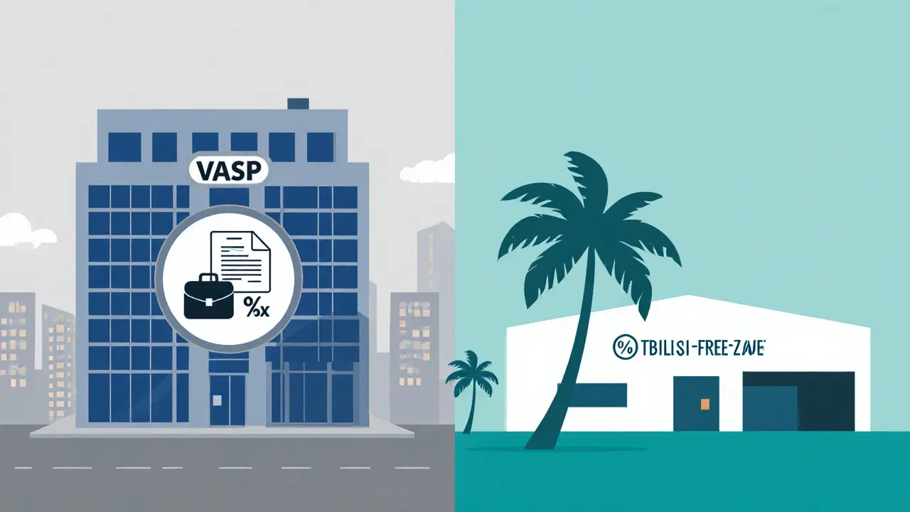 Side‑by‑side icons comparing VASP mainland licence with 15% tax and Free‑Zone licence with 0% tax.
