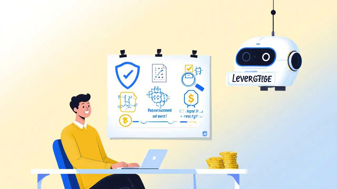 Trader follows a checklist with icons for safety, funding rates, and regulation.