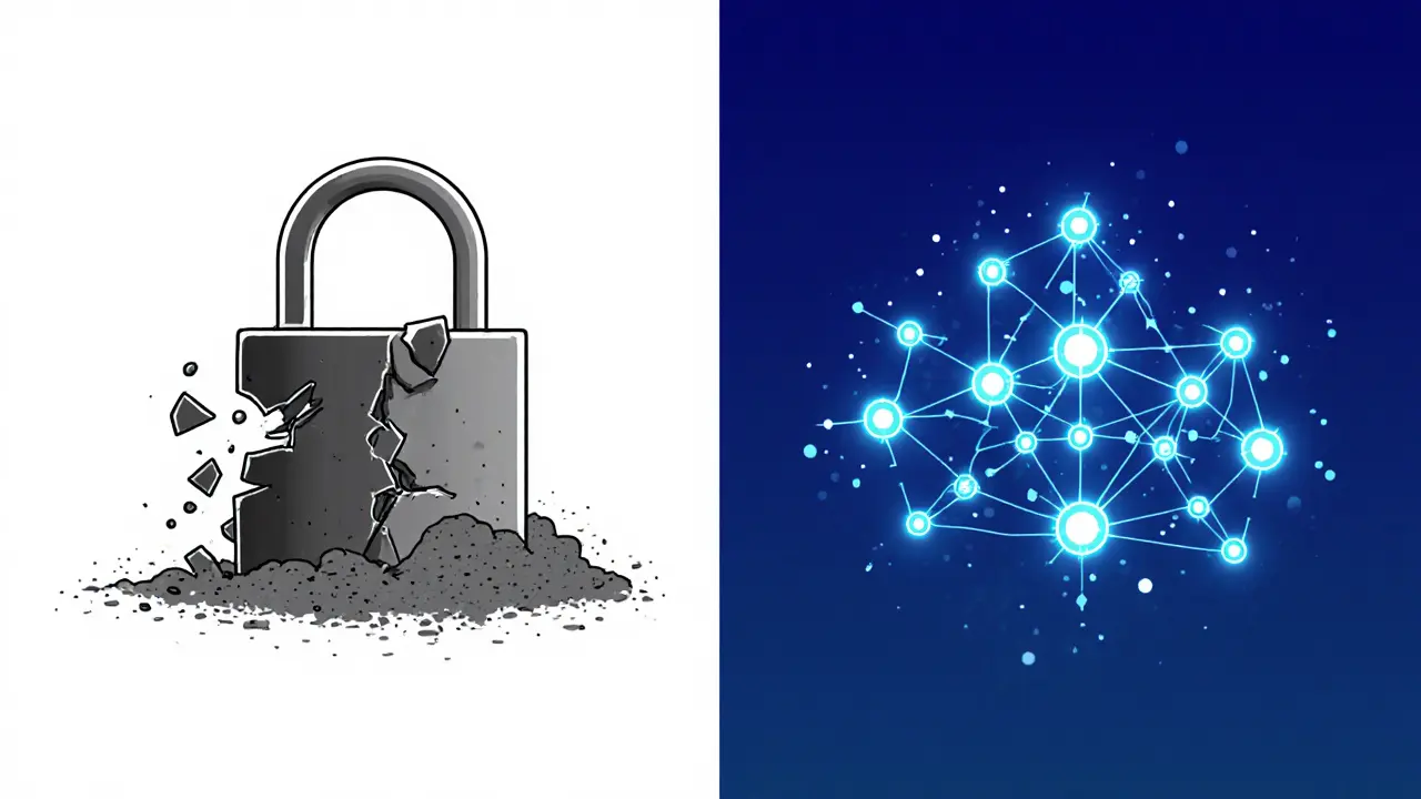 Broken lock turning to dust versus a glowing blockchain chain symbolizing secure digital rights.