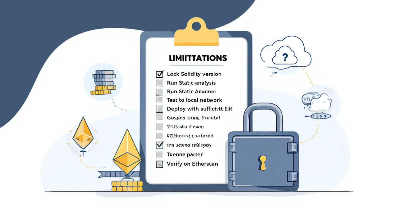 Clipboard checklist beside locked contract vault with icons for size, gas, oracle, and upgrade, minimalist cartoon.