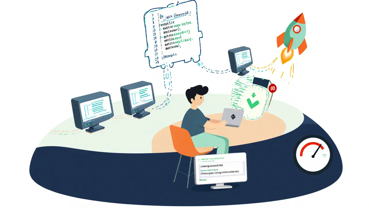 Developer at laptop sending Solidity code to EVM nodes, with gas meter and launch rocket, minimalist illustration.