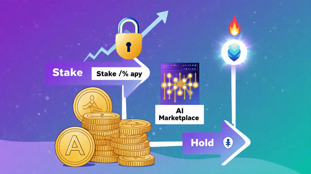 Illustration of AITECH tokens flowing into staking, AI marketplace, and holding paths.