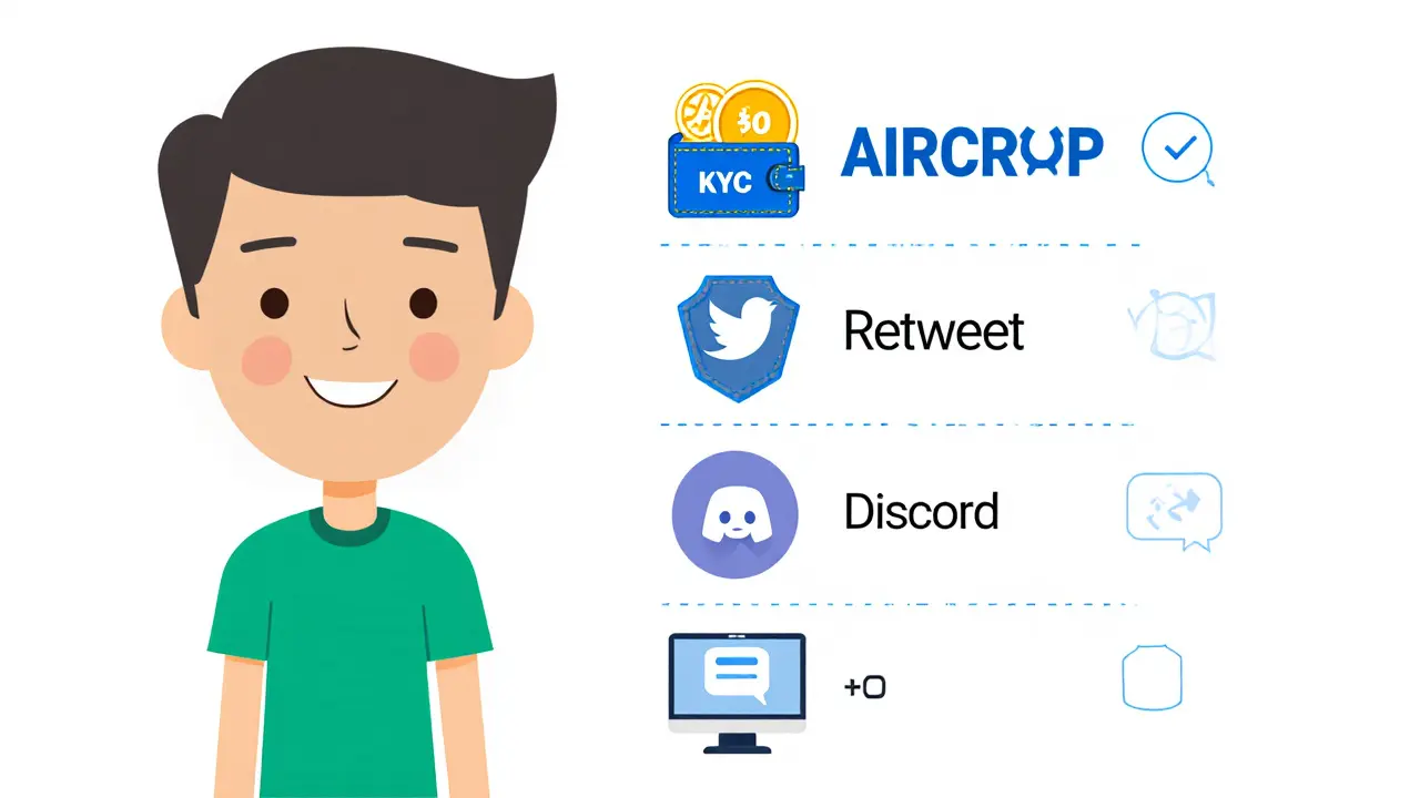 Minimalist checklist illustration of wallet, KYC badge, retweet bird, Discord emoji, and transaction.
