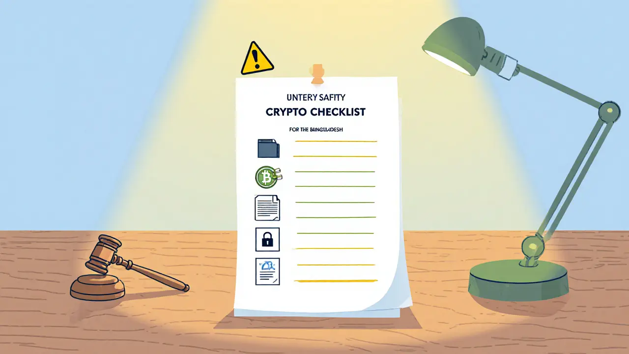 Minimalist checklist on a table with hardware wallet, gavel, tax form, and lock icons.