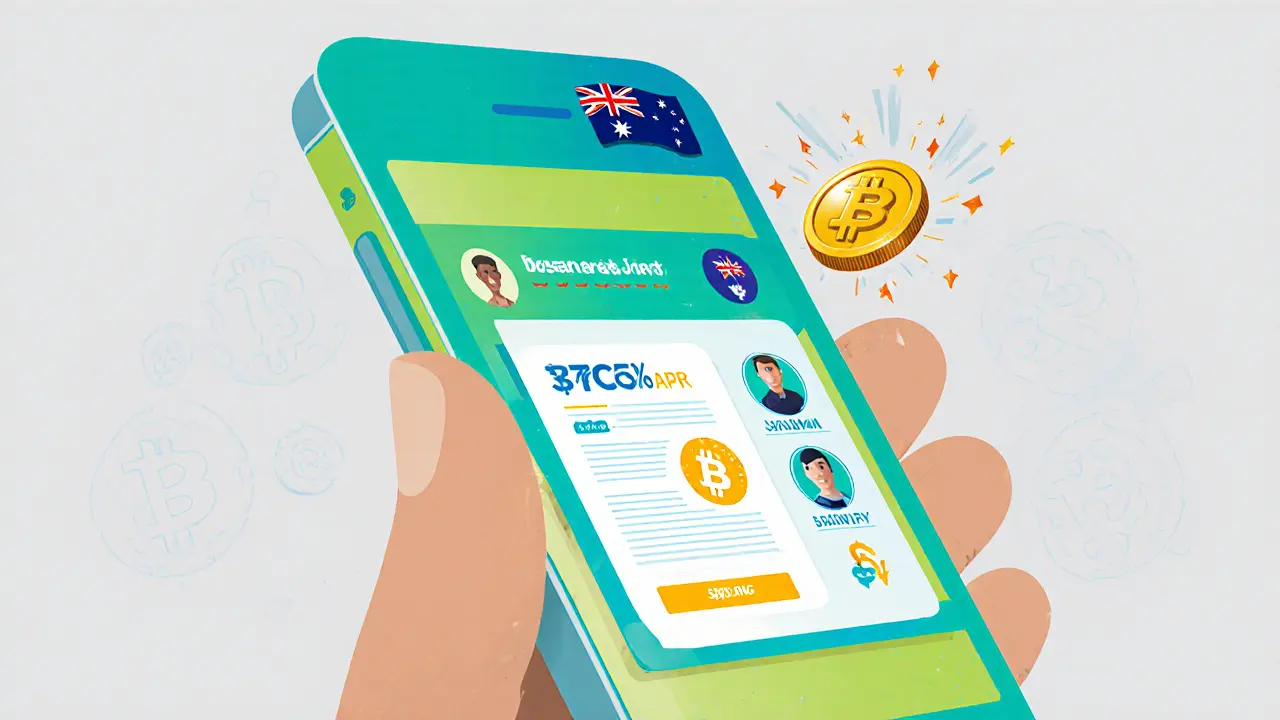 Mobile phone screen displaying copy trading, loan, and staking icons with crypto symbols.