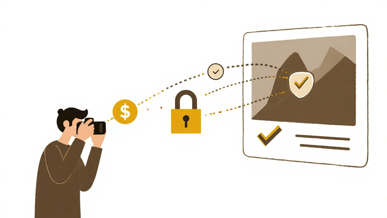 Photographer placing a photo into a blockchain frame with verification icons trailing behind.