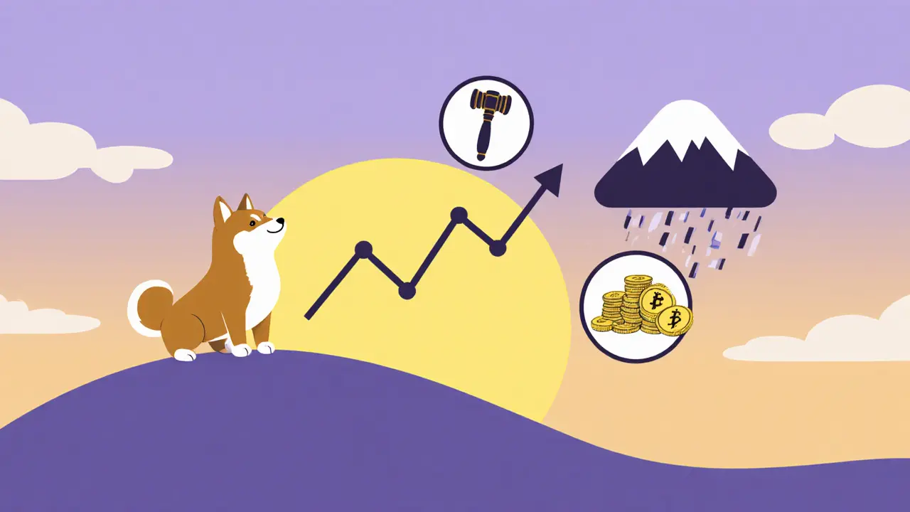 Shiba dog on hill overlooking modest upward chart with risk icons.