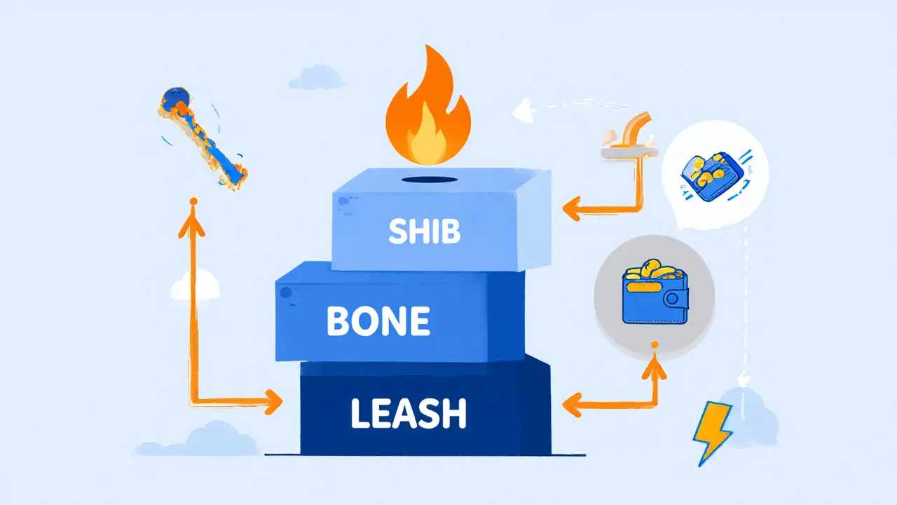 Shibarium layer‑2 blocks for SHIB, BONE, LEASH with arrows and burn flame.