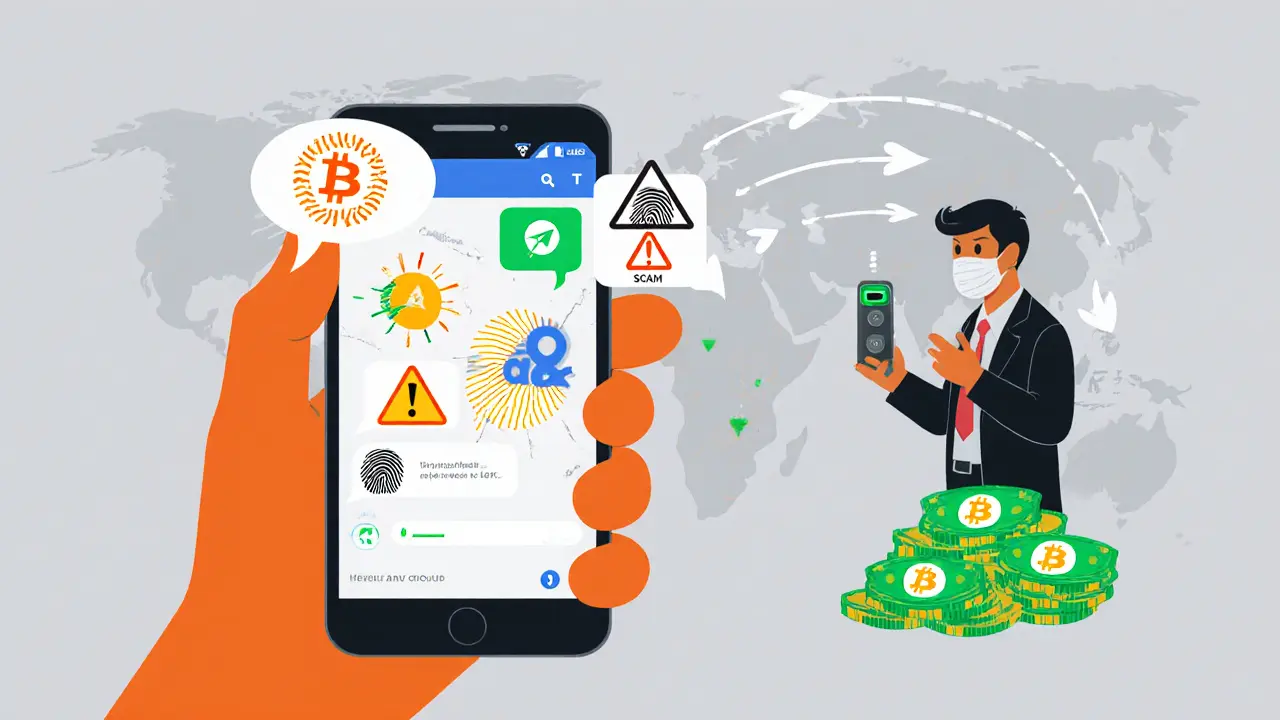 Smartphone showing Telegram crypto chats, biometric scanner, and a masked agent.