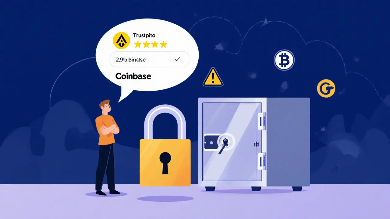 User standing next to a padlock and vault, eyeing a Trustpilot rating and warning sign.