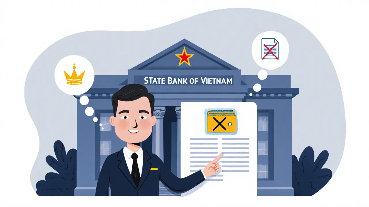 Cartoon of a central bank official warning against crypto payments, with icons for sovereignty and tax concerns.