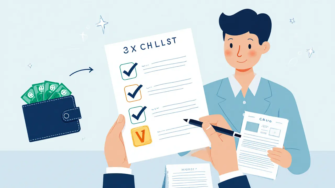 Cartoon of a shop owner reviewing a checklist that advises against accepting cryptocurrency.