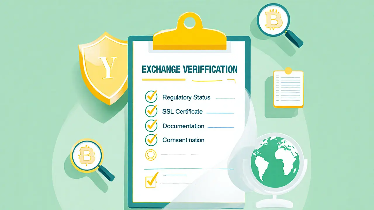 Checklist of exchange verification items with simple icons.