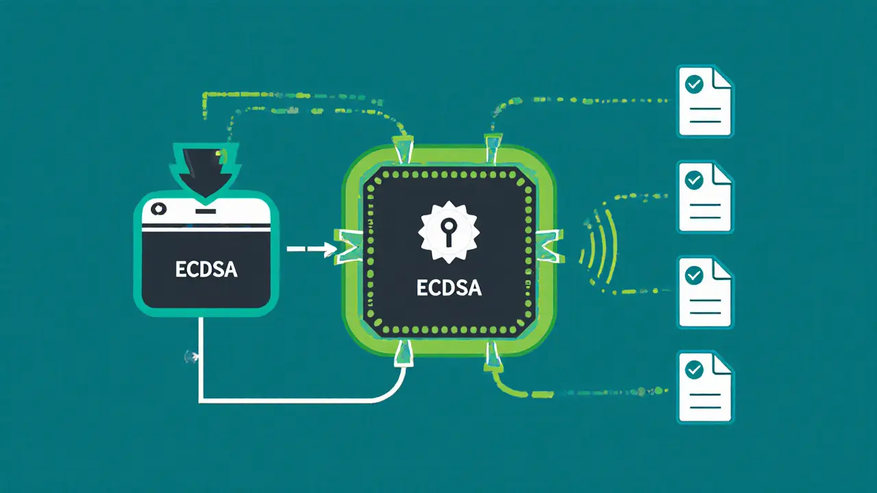 Flowchart of digital signature creation: data hash, private key encryption, broadcast to nodes.