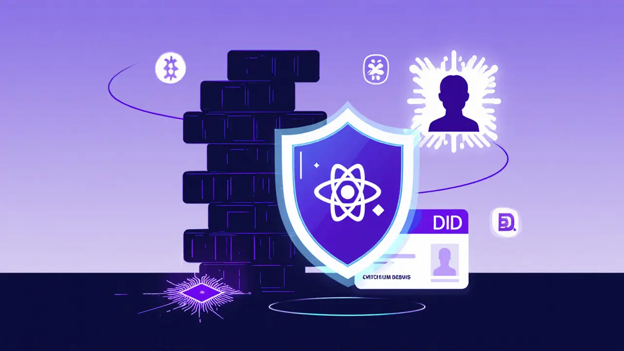Futuristic scene with a shield protecting blockchain, quantum computer, and decentralized ID.
