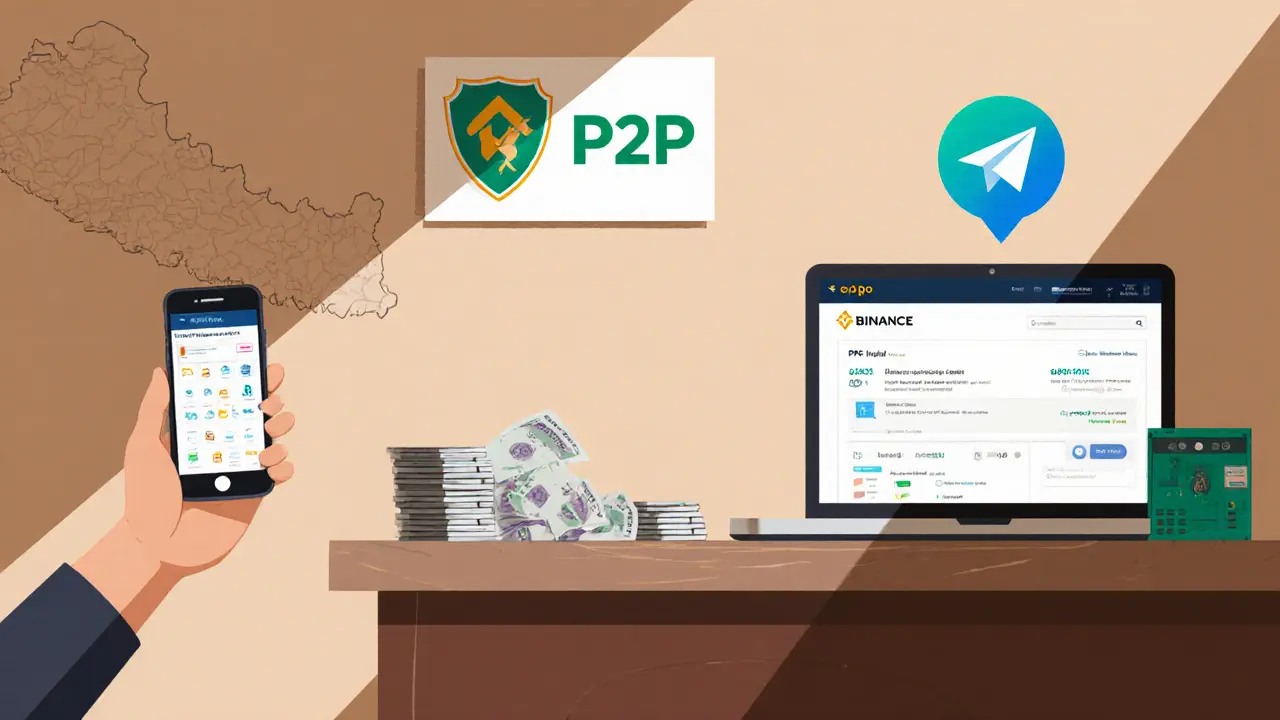 Inside a small shop showing a laptop with P2P icons, phone chat bubble, VPN shield, and cash piles.