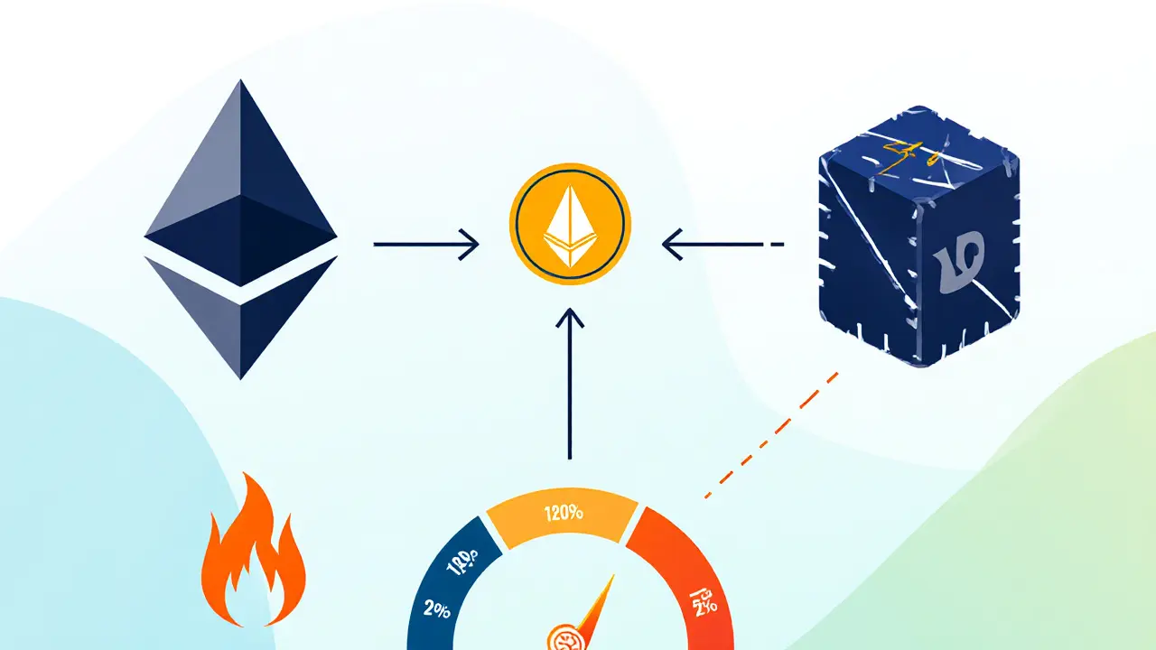 LEO coin linking Ethereum and EOS icons with a burn flame and discount bars.