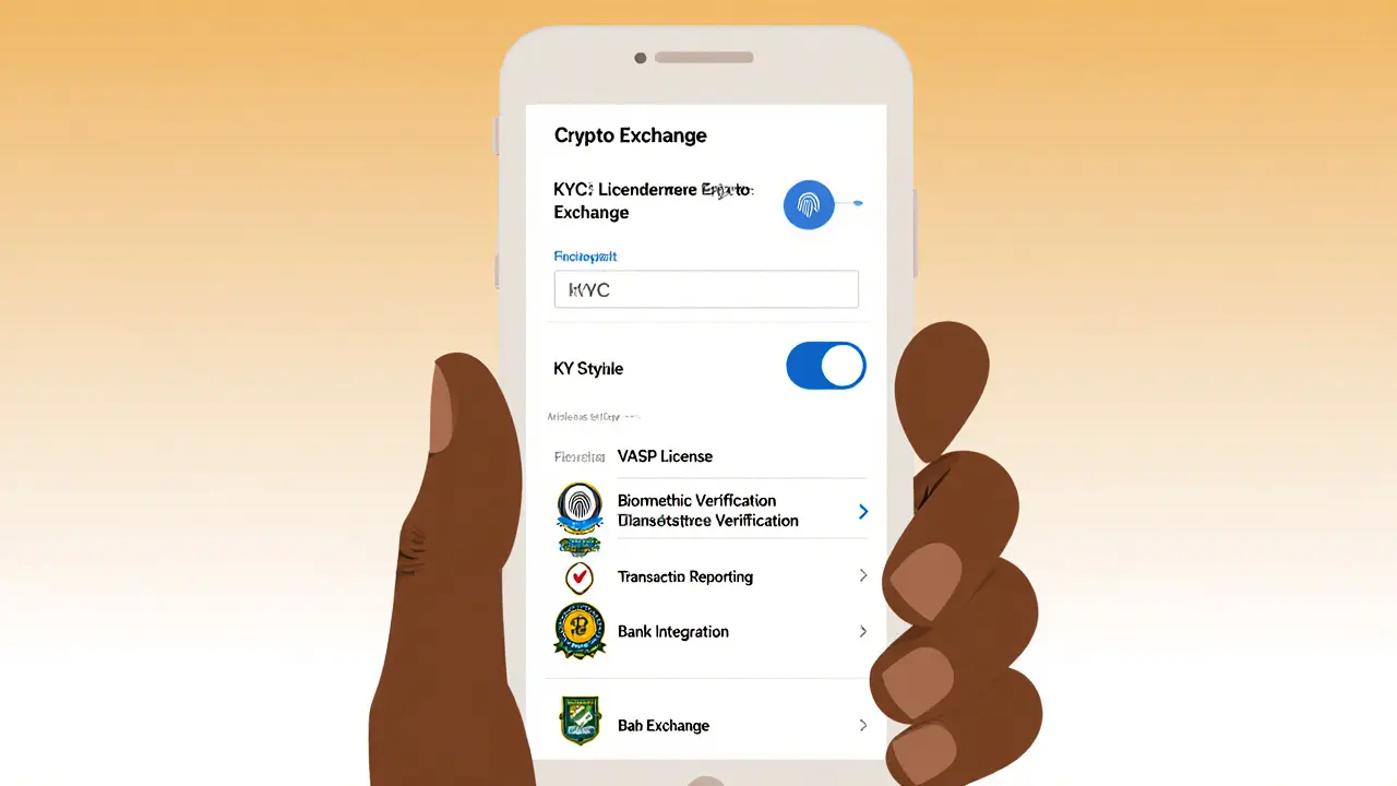 Minimalist cartoon of a phone showing a licensed crypto exchange app with KYC and bank link icons.