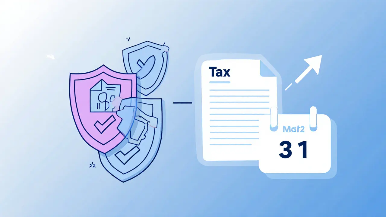 Minimalist cartoon of three layered shields labeled Technical, Legal, Reputational with tax form and calendar.