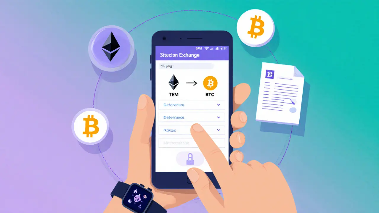 Mobile phone showing a TEM to BTC swap on a DEX interface.