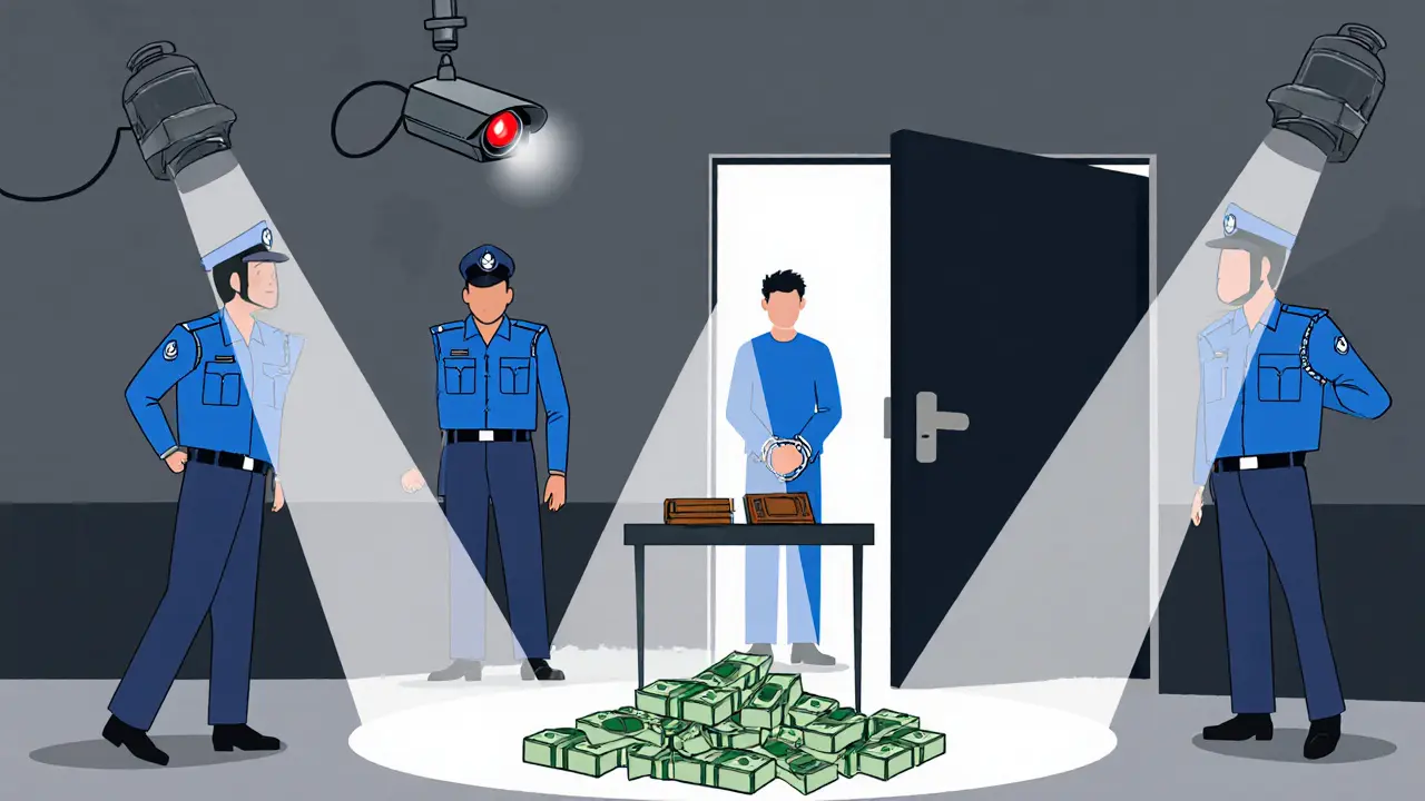 Police officers raiding a grocery store, handcuffed individual with cash and a hardware wallet.