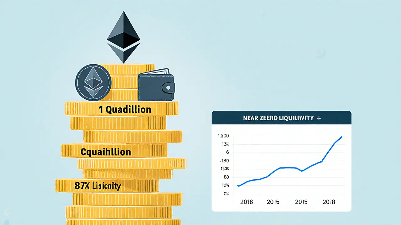 Stack of massive token supply coins with few wallets and low liquidity chart.