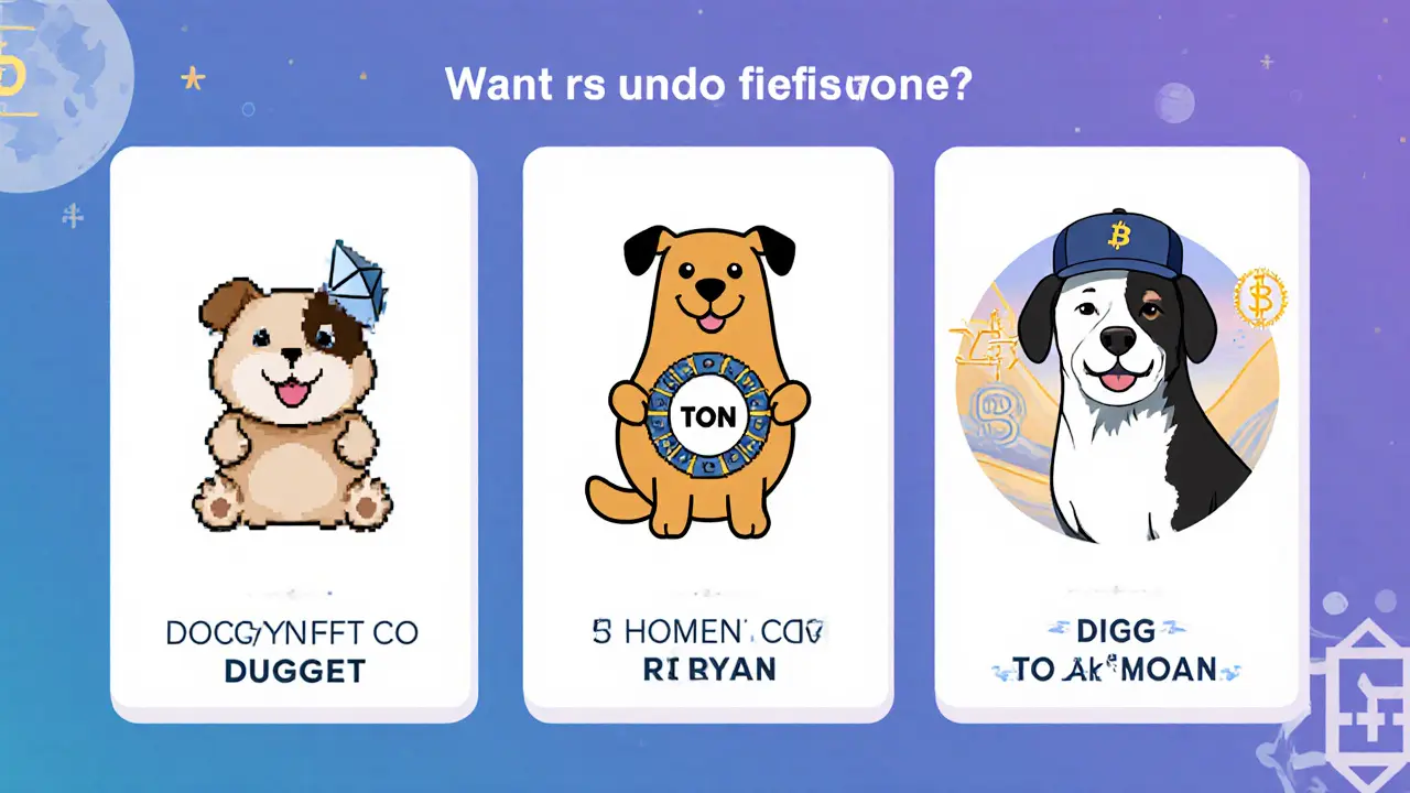 Three panels showing DOGGY NFT, DOGS token, and DOG•GO•TO•THE•MOON projects as cartoon dogs.