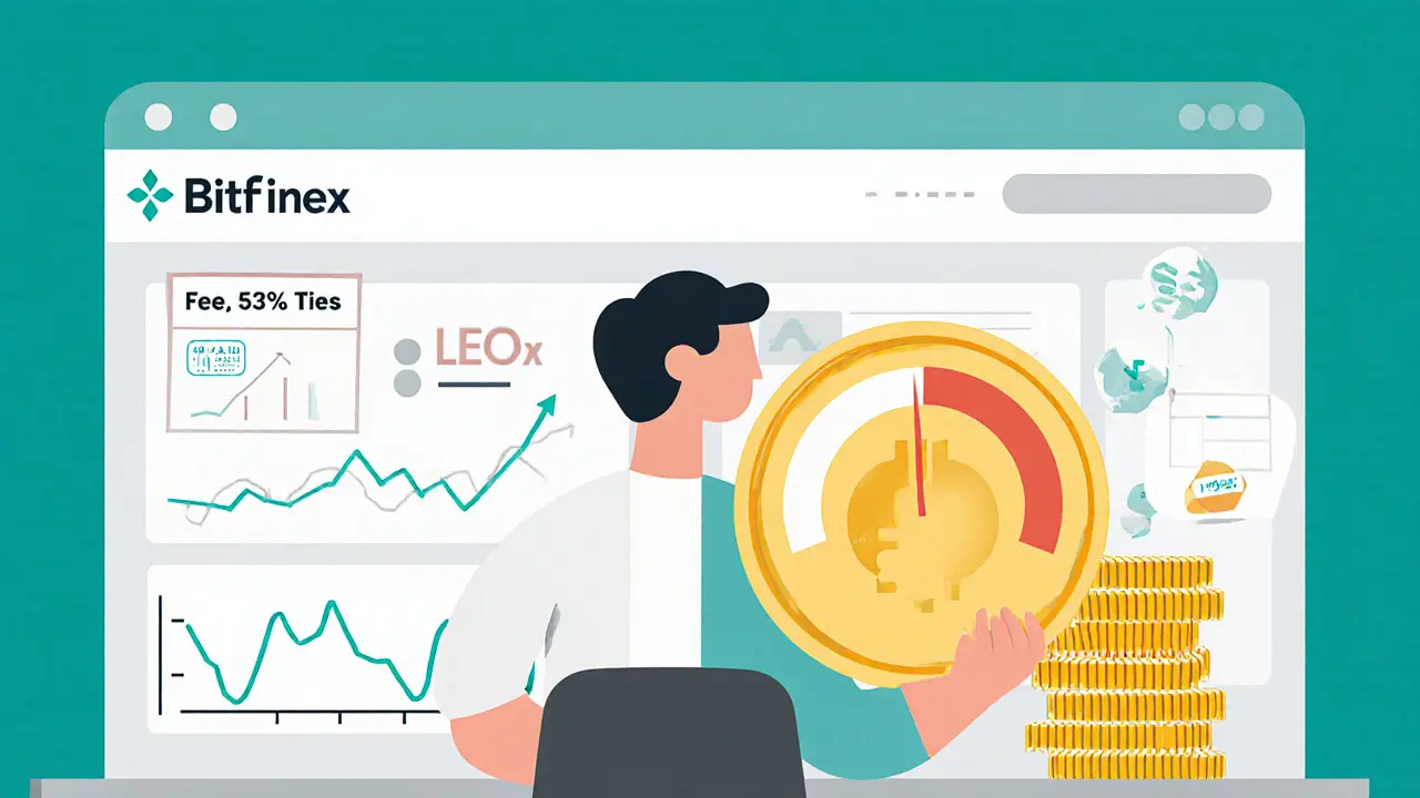 Trader holding LEO coin beside a fee‑discount gauge and quarterly burn calendar.