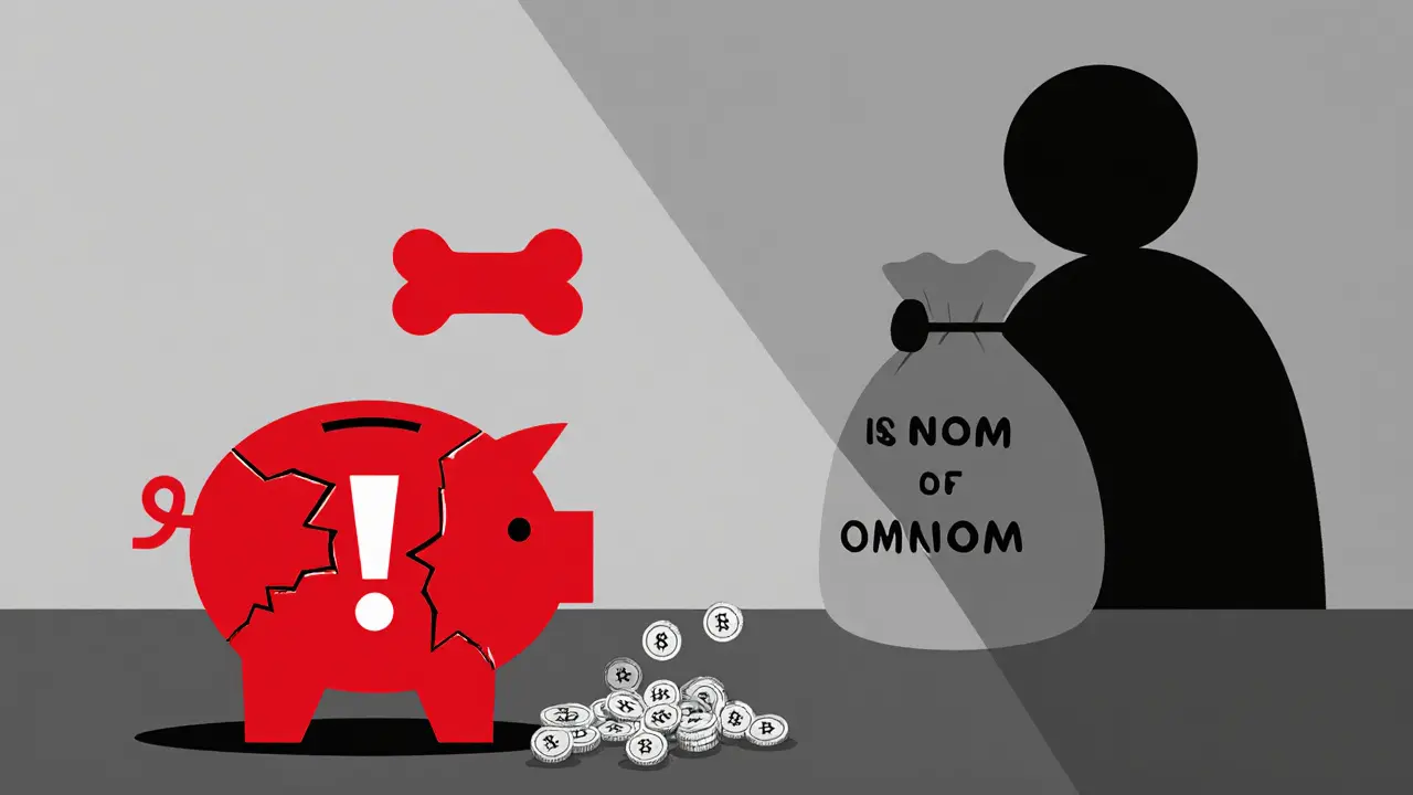 Warning sign with cracked piggy bank spilling OMNOM tokens, showing risk.