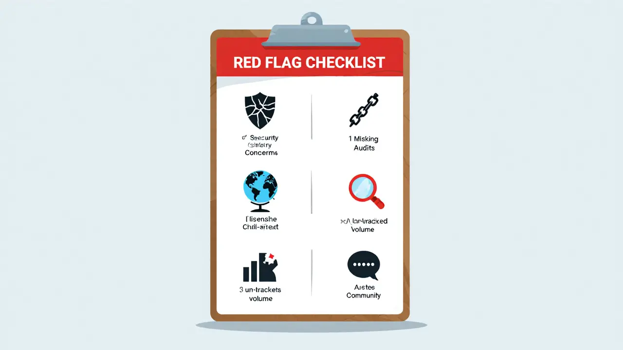 Clipboard with six icons representing common crypto exchange red flags.