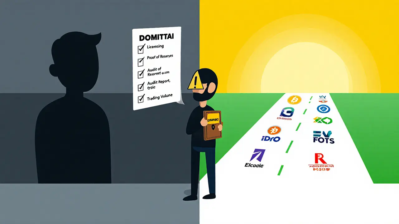 Crypto user holding a hardware wallet, looking away from a dark Domitai silhouette toward trusted exchanges.