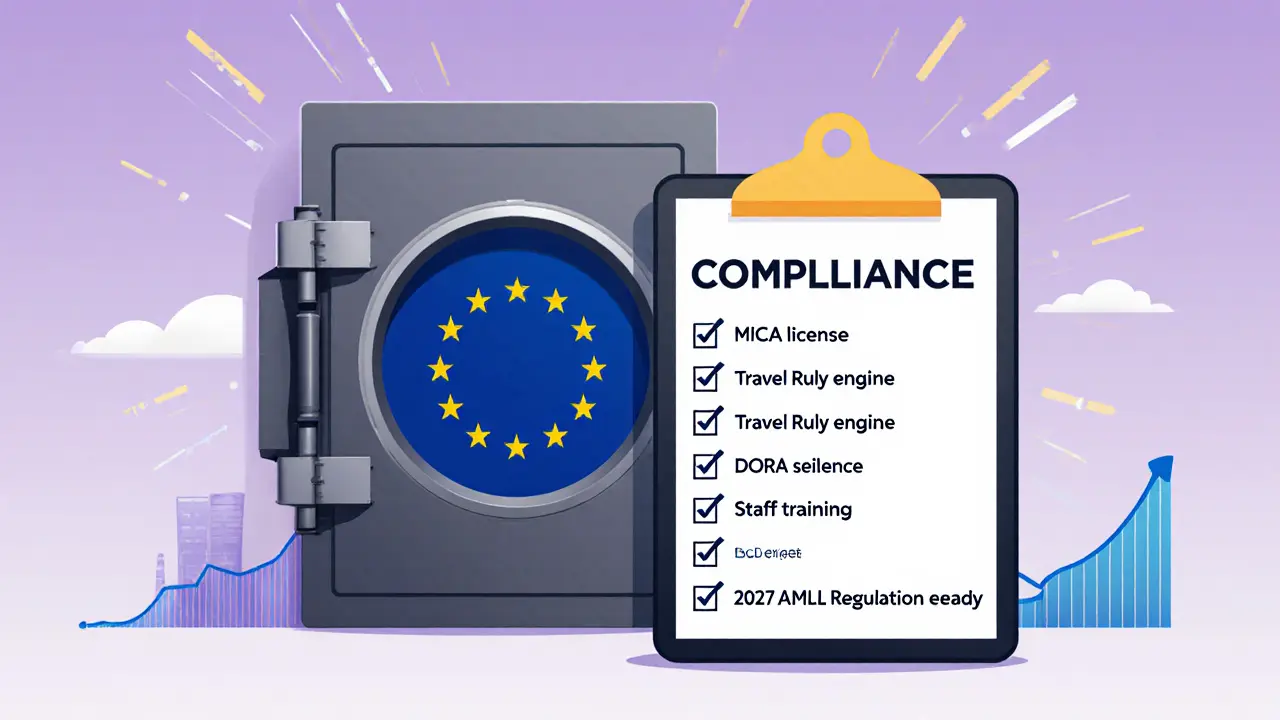 Futuristic crypto exchange vault with a compliance checklist.