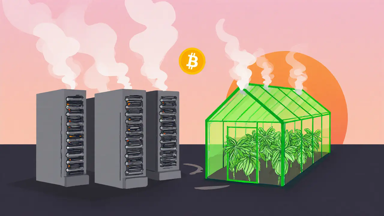 Greenhouse receiving waste heat from mining racks with a blockchain icon above.