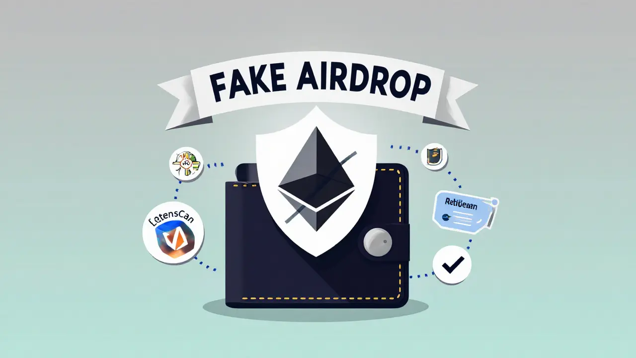 Hardware wallet shield with crossed-out fake airdrop and security icons.